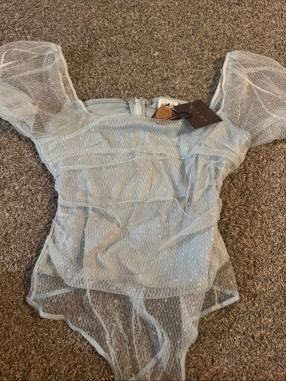 Le Lis Light Blue Sheer Puff-Sleeve Bodysuit